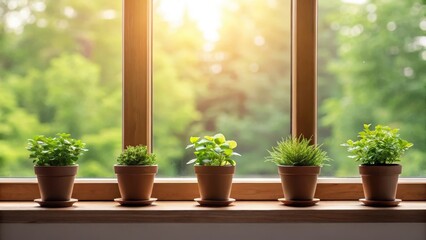Plants on a windowsill with sunlight and greenery outside.