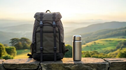 A backpack and thermos on a ledge overlooking a scenic landscape.