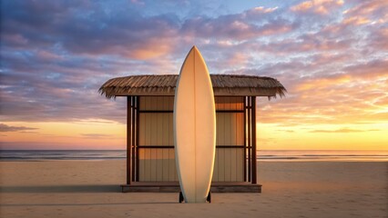 Beach hut with surfboard at sunset, creating a serene coastal scene.
