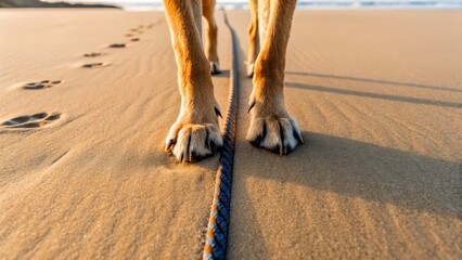 Dog walking on the beach with paw prints in the sand.