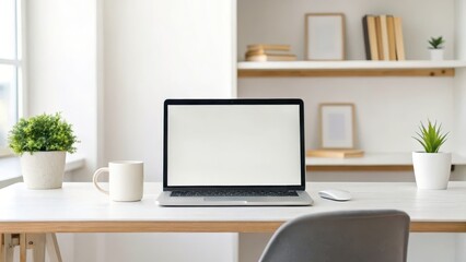 Minimalist workspace with laptop and plants on a clean desk.