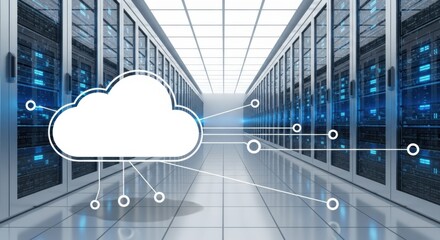Cloud computing graphic overlayed on a server room