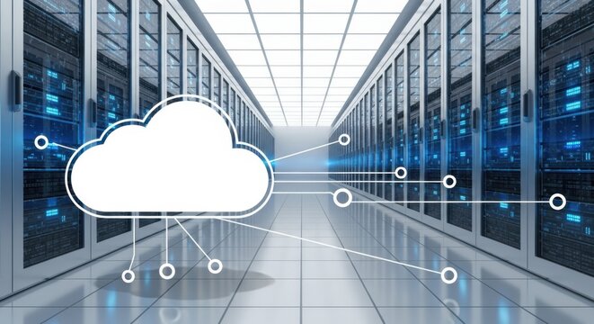 Cloud computing graphic overlayed on a server room