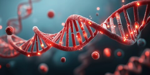 Gene Editing concept. DNA double helix on a blue background with glowing elements.