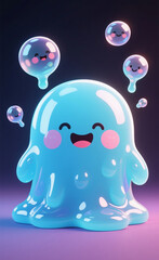 Naklejka premium Smiling Blue Jelly Creature Surrounded by Floating Happy Bubbles in a Colorful, Whimsical Digital Fantasy Scene for Kids Media and Creative Projects