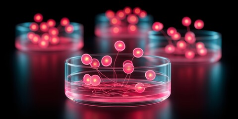 Gene Editing concept. Scientific petri dishes with glowing microbial cultures.