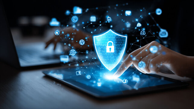 Data protection on tablet with shield and padlock, cyber security and digital technology