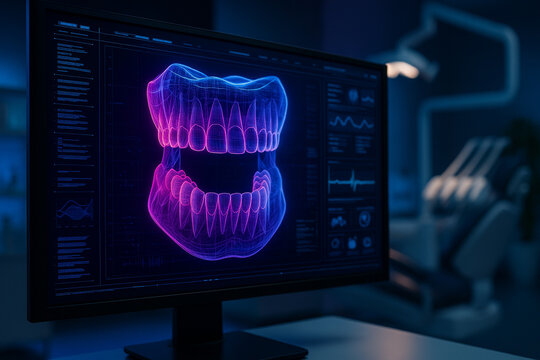 AI generated high tech dental interface showing a glowing 3D wireframe of upper and lower jaws on a large screen in a futuristic dental clinic environment
