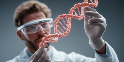 Gene Editing concept. Scientist examining DNA strand in a lab setting.