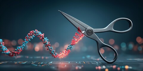 Gene Editing concept. Scissors cutting a DNA strand in a digital environment.