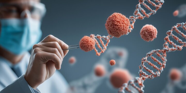 Gene Editing concept. Scientist analyzing DNA structure with molecular focus.