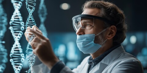 Gene Editing concept. Scientist examining DNA strands in a lab setting.