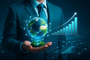 AI generated digital artwork showing a businessman managing global networks with smart devices cloud systems and data connections symbolizing power innovation and digital economy in a futuristic world