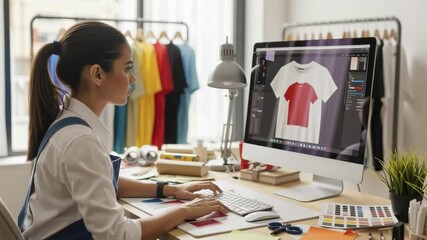 Graphic Designer Creating T-Shirt Mockups in Modern Office Space Digital Design Workflow Creative Environment Focused Viewpoint Fashion Concept - Powered by Adobe