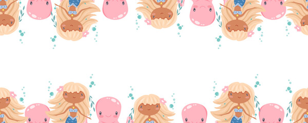 Vector marine border with cute blonde mermaids, pink octopuses and bubbles at top and bottom. Ideal for packaging, fabric, stationery and ocean themed collections