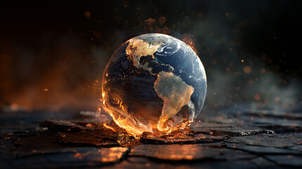 Flaming Globe of Earth in Destruction Concept