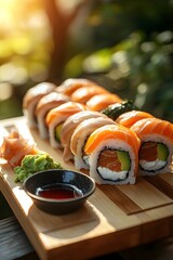 Sushi is arranged on a wooden serving plate, accompanied by a soy sauce dish and wasabi