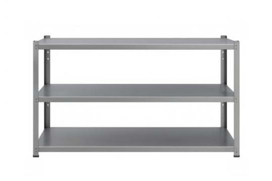 Stainless steel shelving unit with three empty shelves isolated on transparent background, ideal for kitchen or warehouse storage