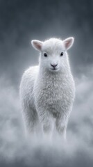 Obraz premium Fluffy White Lamb in Misty Gray Setting