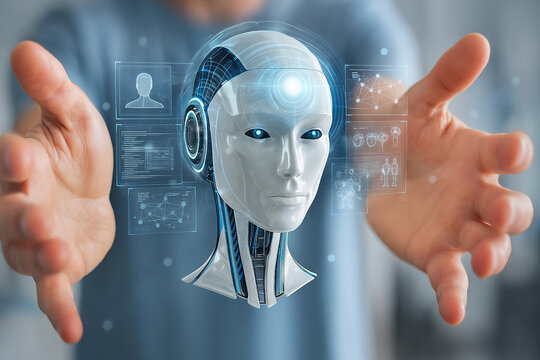 AI generated realistic android head floating between human hands surrounded by holographic data panels showing advanced interaction between human and artificial intelligence