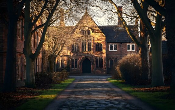The ancient brick building stands distinct in the fading light of the sunset, surrounded by bluestone paths and dappled tree shadows