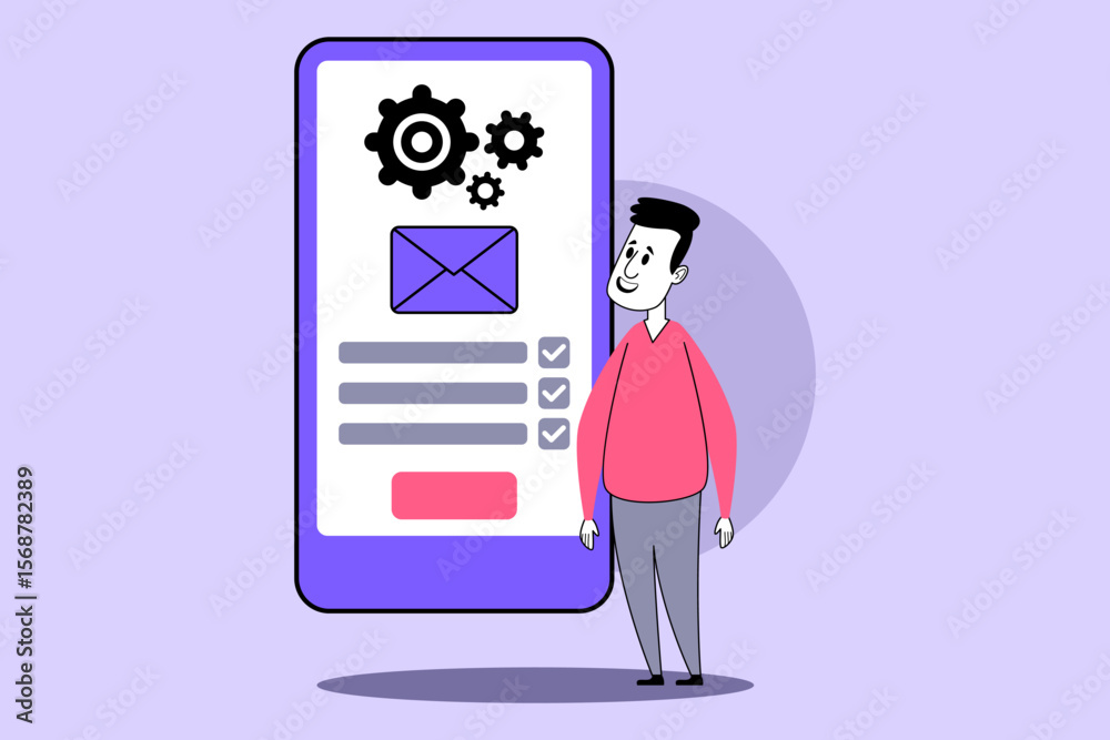 Poster cheerful individual standing next to large smartphone displaying mobile application interface with i