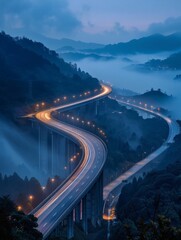 The highway spans across the valley, with the bridge lying like a giant dragon
