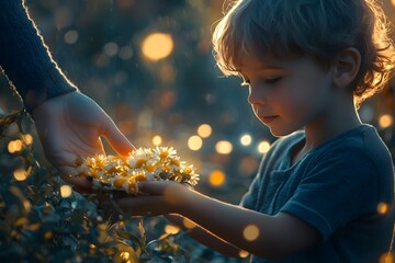 A child in a dreamy glowing atmosphere hands over flowers, with surrounding light spots like his reverence