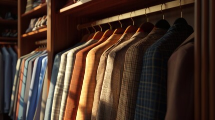 In the wardrobe, several suits are neatly hung