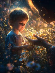 A child in a dreamy glowing atmosphere hands over flowers, with surrounding light spots like his reverence