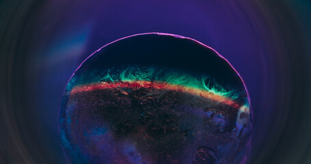 Ink spill. Colorful blend. Blur red purple neon round texture flowing blue droplets shimmer water...
