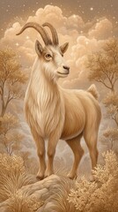 Majestic Golden Goat in a Dreamy Landscape
