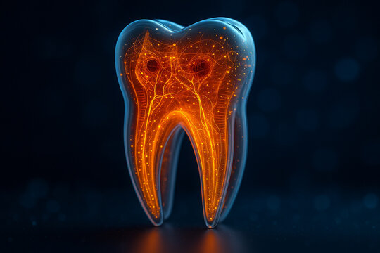 AI generated 3D rendering of a translucent human tooth revealing an intricate glowing neural and vascular network in orange over a deep blue background conveying futuristic biovisual data processing - Powered by Adobe