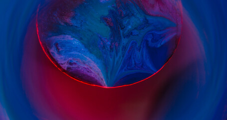 Paint pour. Colorful blend. Blur red purple neon round texture flowing blue droplets shimmer water...