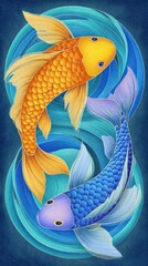 Orange and Blue Koi Fish in Swirling Turquoise Water