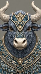 Ornate Blue and Gold Bull Digital Portrait