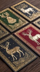 Ornate Gold Deer Cards on Dark Wood