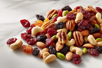 Healthy snack mix featuring nuts and dried fruits on a marble surface in a bright kitchen setting