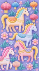 Obraz premium Pastel Glitter Horses and Lanterns Festive Illustration