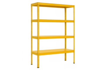 Yellow metal shelving unit featuring four empty levels, standing on transparent backdrop, suitable for product display and storage organization