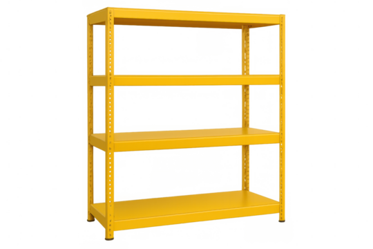 Yellow metal shelving unit with four open levels, featuring clean design and versatile storage potential against transparent backdrop