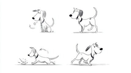 Four dog illustrations showing various actions.