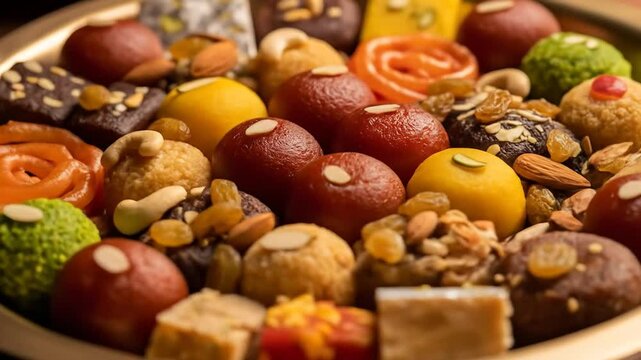 Assorted sweets on golden tray