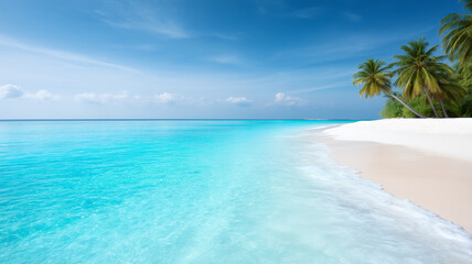 Fototapeta premium Tropical beach with clear turquoise water, white sand, and palm trees under bright blue sky with soft clouds, evoking calm and relaxation