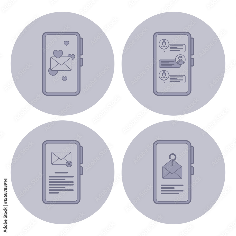 Fototapete Collection of four unique messaging icons set against simple background. Different communication styles used in digital interactions, emphasizing modern connectivity