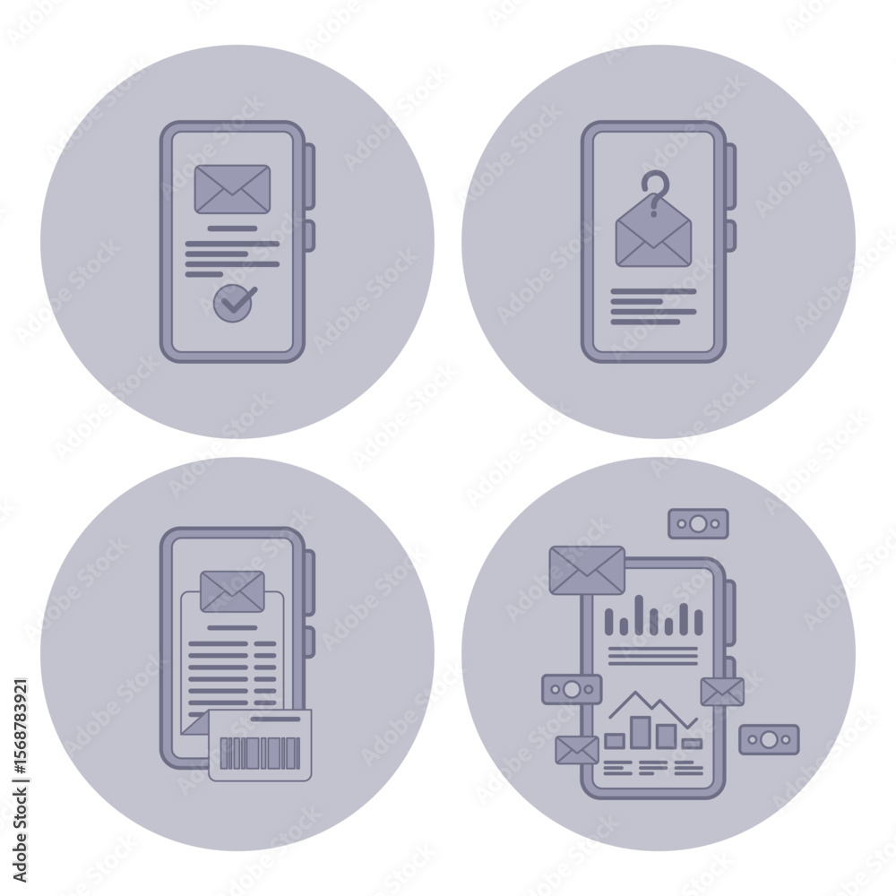 Poster set of four minimalist line icons related to mobile messaging. notifications, organization, and data