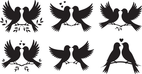 Six Black Silhouette Vector Illustrations of Two Birds Perched on Branches Some Kissing with Small Hearts Above
