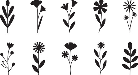 Ten Black Silhouettes of Stylized Floral Designs Vector Illustration Set Botanical Elements Simple Flowers Plants Nature Graphic Design Elements
