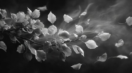 Leaves shaking intense in strong gust nature scene black and white close-up motion