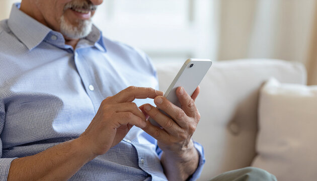 Close-up of the hand of an elderly man using a smartphone.